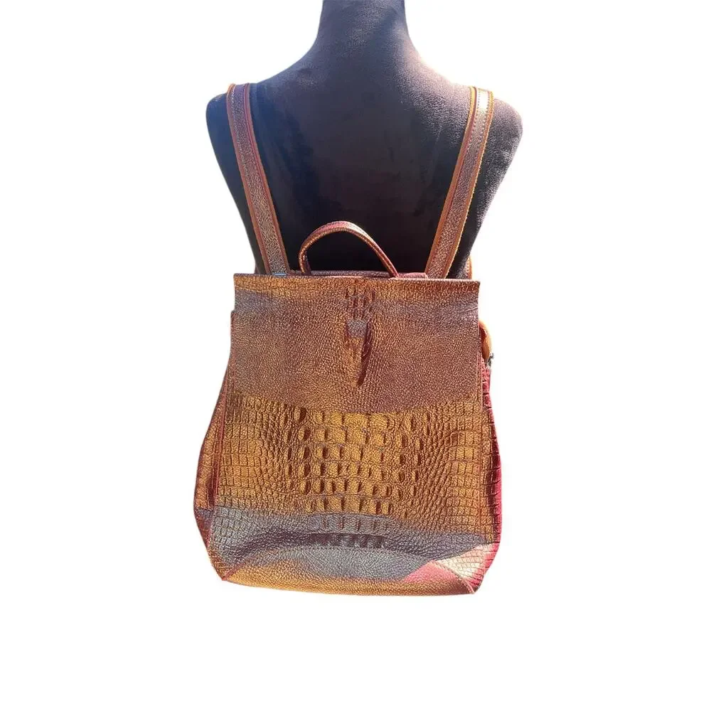 Embossed Leather Flap Backpack Cross Body Bag Purse Burgundy Gold Metallic